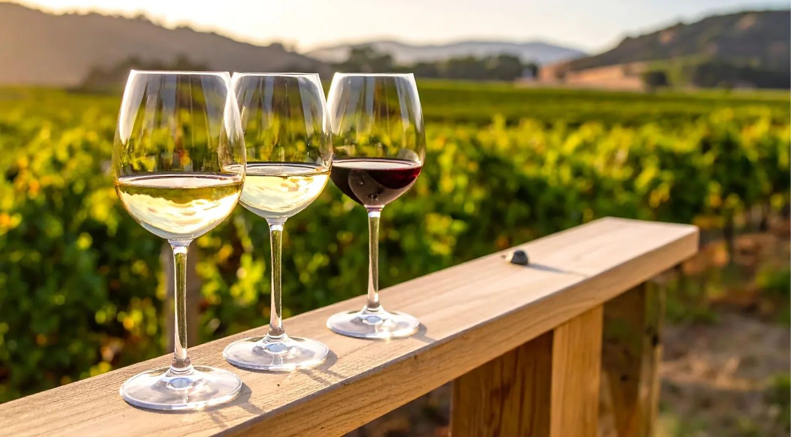 Three tasting glasses of white, white and red wine lined up on a wooden rail above a vineyard