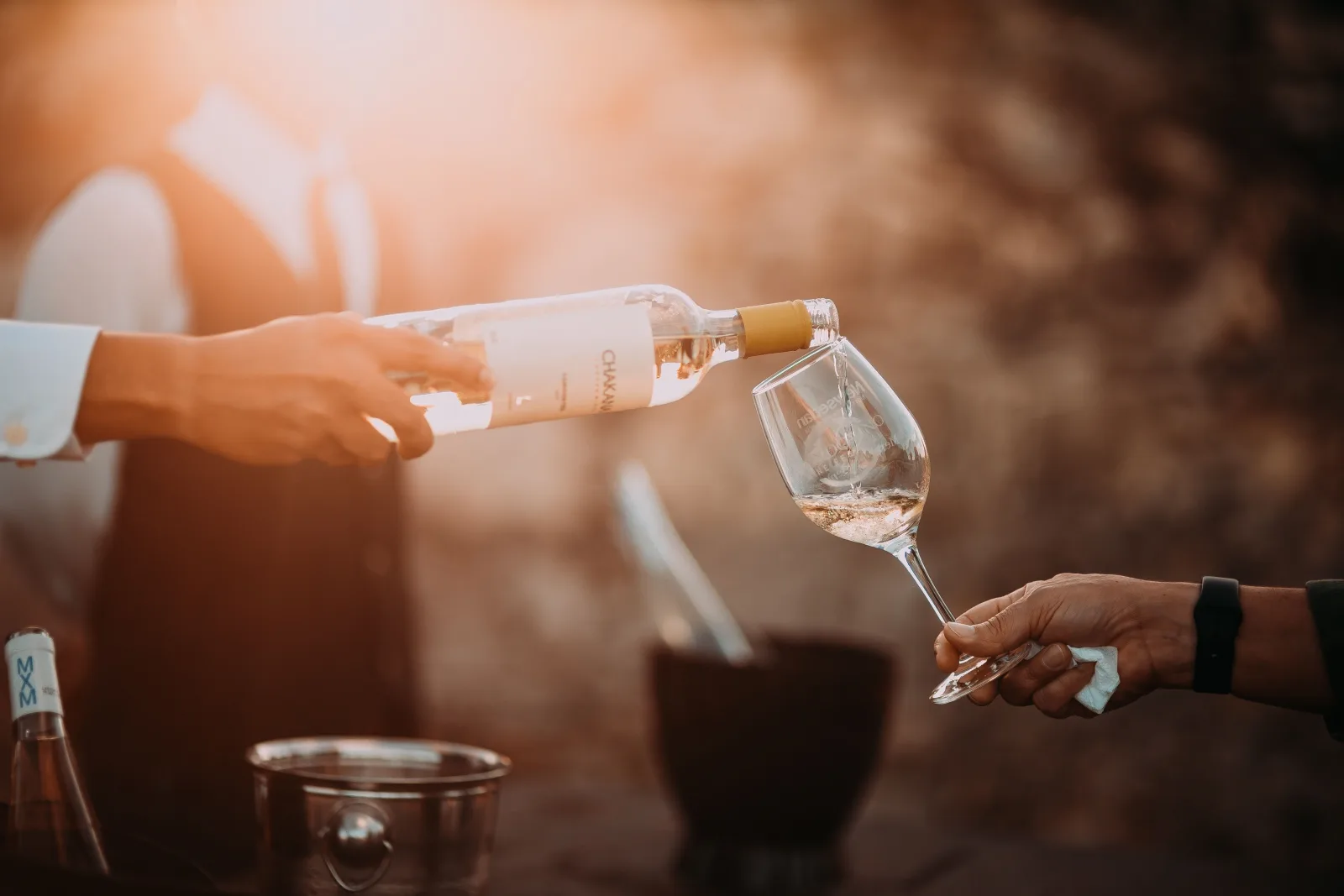 A sommelier pouring rosé into a glass at a tasting
